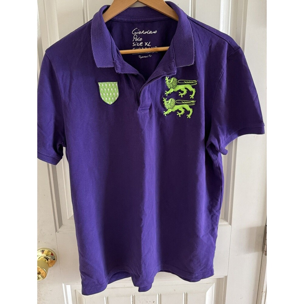 Giordano Polo Shirt XL Tapered Fit Men’s Purple Cotton Embroidered Lion 8 Sleeve